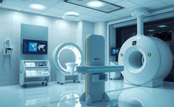 A digital artwork showcasing AI technology in healthcare, with elements like MRI and CT scanning, in cool color tones.