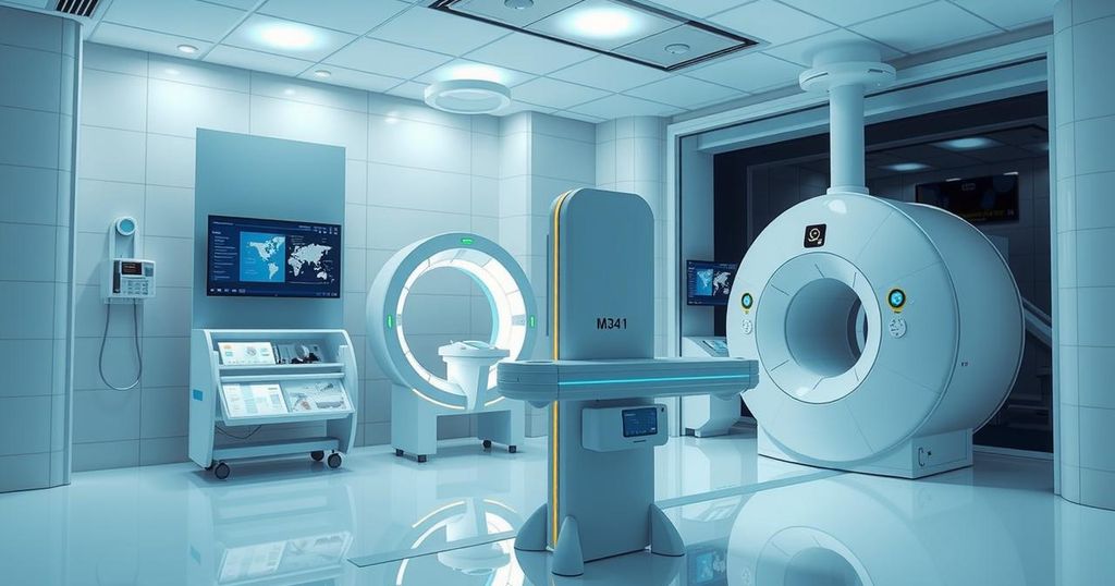 A digital artwork showcasing AI technology in healthcare, with elements like MRI and CT scanning, in cool color tones.