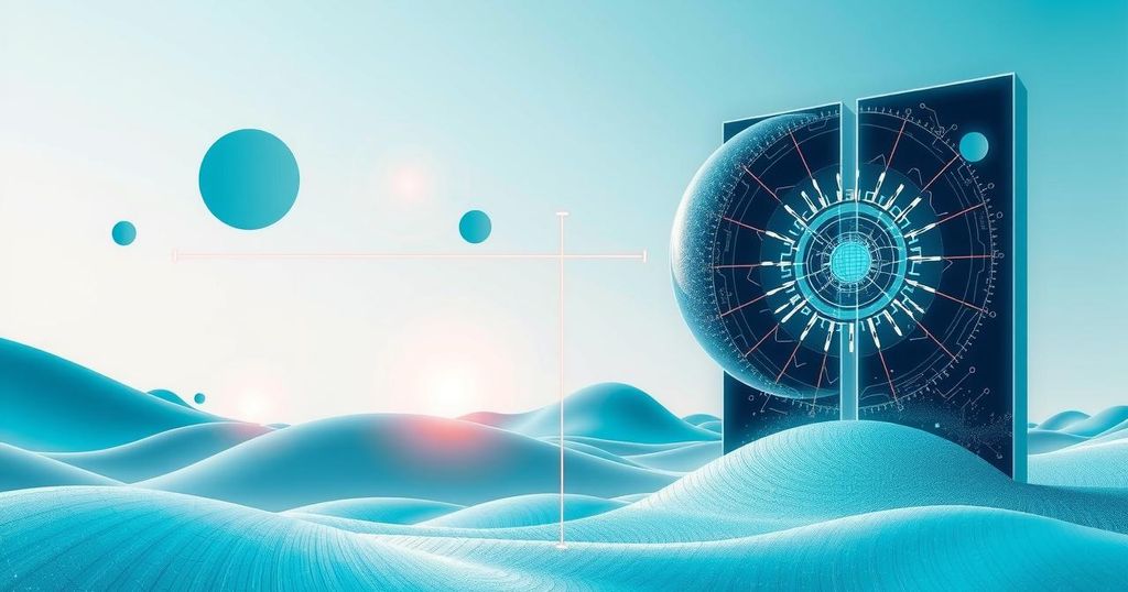 Abstract visualization of emerging technologies with digital elements, blue and green color scheme in a modern style.