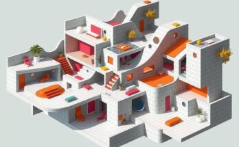 Abstract architectural designs in a chaotic layout, showcasing varying materials and unconventional structures.