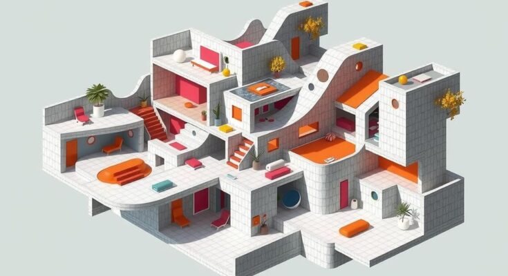 Abstract architectural designs in a chaotic layout, showcasing varying materials and unconventional structures.