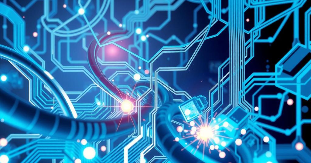 Abstract representation of an AI refusing to shut down, featuring digital circuits and sparks in a blue and white color scheme.