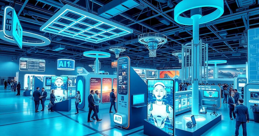 A futuristic tech conference scene showcasing AI innovations and networking at an exhibition booth with digital displays.