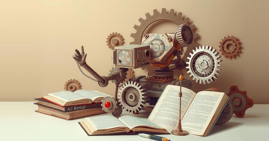 A contemplative scene illustrating the ethical dilemmas of artificial intelligence, using muted colors and minimalist style.