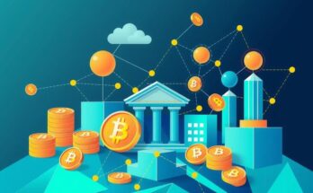 Abstract depiction of cryptocurrency concept with stablecoins, banks, and digital finance themes in a vibrant color palette.
