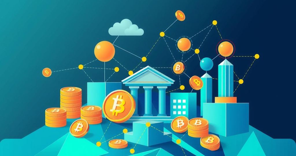 Abstract depiction of cryptocurrency concept with stablecoins, banks, and digital finance themes in a vibrant color palette.