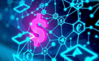 A digital currency symbol on a backdrop of abstract blockchain elements and vibrant tech colors.