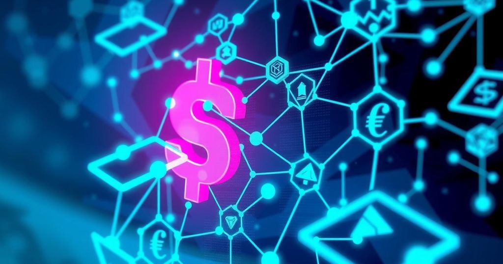 A digital currency symbol on a backdrop of abstract blockchain elements and vibrant tech colors.