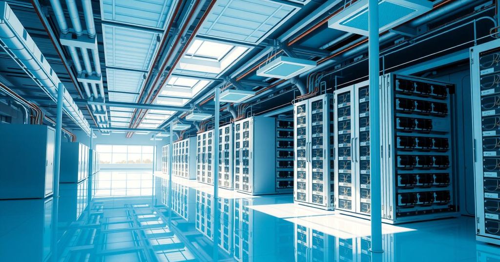 A Bitcoin mining facility with numerous servers, illustrating energy efficiency and modern technology under clear blue skies.
