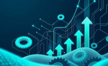 An abstract representation of AI growth, featuring digital elements, gears, and upward arrows in blue and green tones.