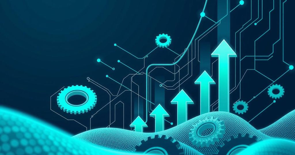 An abstract representation of AI growth, featuring digital elements, gears, and upward arrows in blue and green tones.