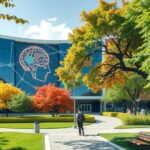 A vibrant, modern campus scene showcasing a university building with AI-themed art and greenery.