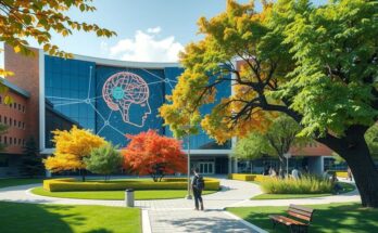 A vibrant, modern campus scene showcasing a university building with AI-themed art and greenery.