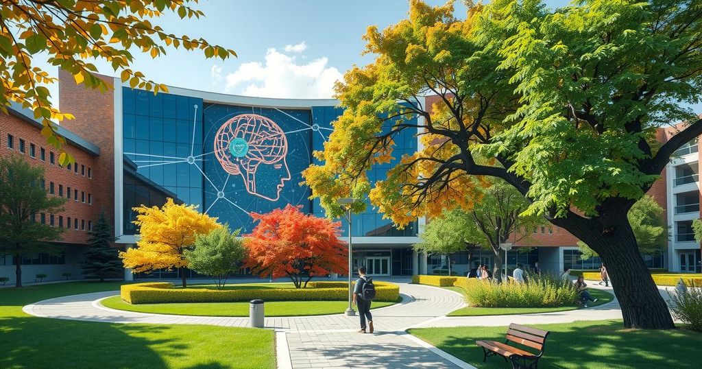 A vibrant, modern campus scene showcasing a university building with AI-themed art and greenery.