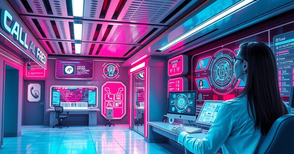 A modern call center with AI interface, vibrant colors, and a focus on technology and efficiency.
