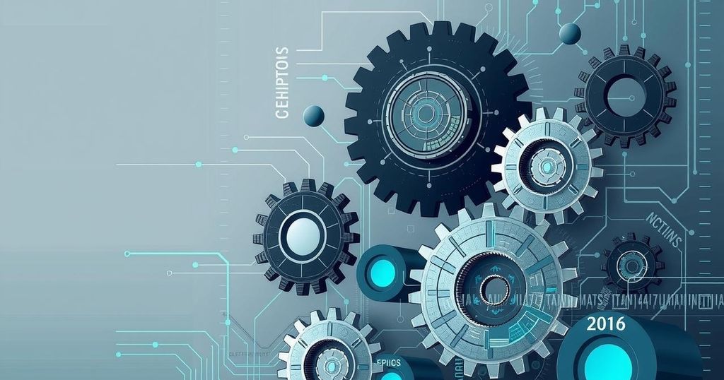 A conceptual representation of AI impact on workforce with abstract gears and digital elements in muted tones.