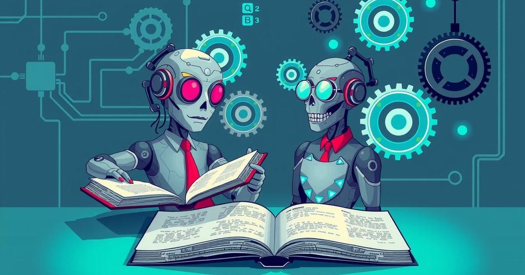 A digital representation of artificial intelligence aiding research for Congress, with gears, circuits and books in a modern style.