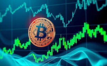 A Bitcoin scene depicting volatility, with fluctuating price charts and vibrant financial themes in blues and greens.