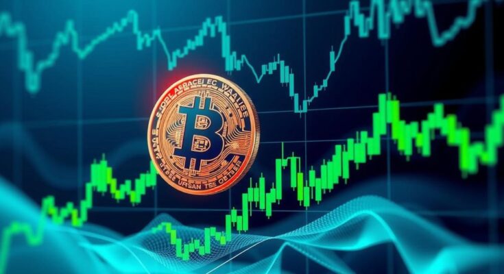 A Bitcoin scene depicting volatility, with fluctuating price charts and vibrant financial themes in blues and greens.