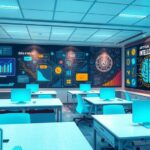 A digital classroom showcasing artificial intelligence concepts with technology-themed decor in vibrant colors.