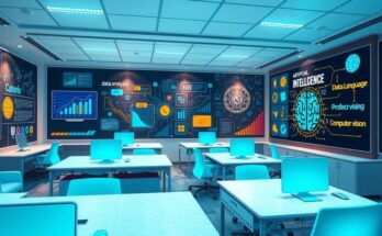 A digital classroom showcasing artificial intelligence concepts with technology-themed decor in vibrant colors.