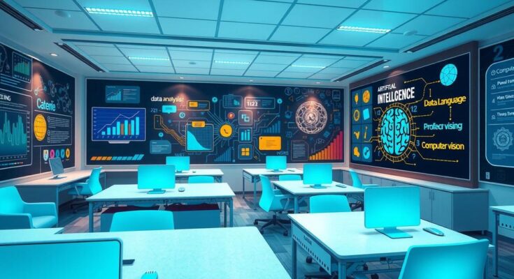 A digital classroom showcasing artificial intelligence concepts with technology-themed decor in vibrant colors.