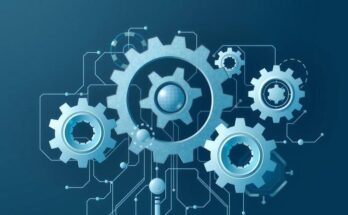 Abstract representation of logistics automation with AI technology, featuring gears and digital elements in cool tones.