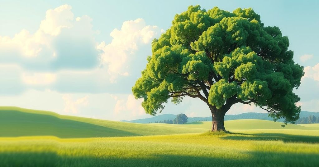 A serene landscape with a lush green tree, evoking the theme of humanity and nature's connection in contrast to technology.