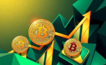 Abstract composition highlighting Bitcoin price predictions with geometric shapes and a color palette of gold and green.