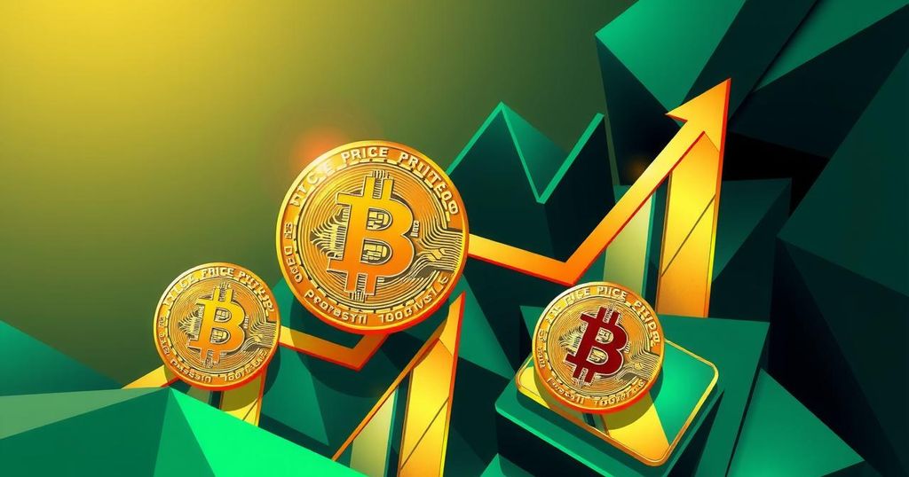 Abstract composition highlighting Bitcoin price predictions with geometric shapes and a color palette of gold and green.