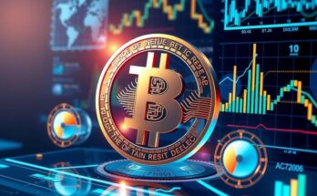 A sleek digital artwork showcasing a bitcoin symbol amid a backdrop of modern media elements in a blue and gold color scheme.