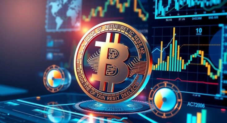 A sleek digital artwork showcasing a bitcoin symbol amid a backdrop of modern media elements in a blue and gold color scheme.