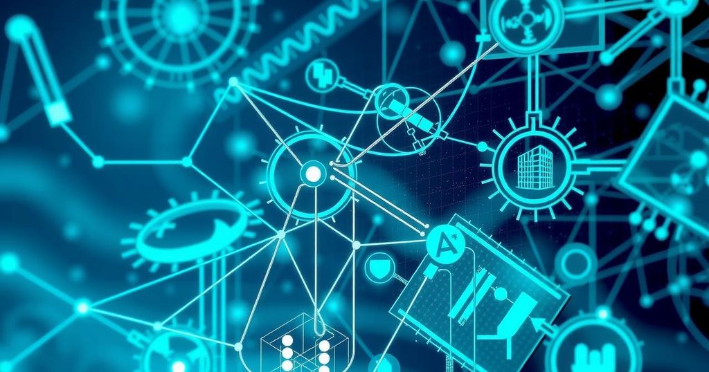 A conceptual illustration of artificial intelligence and operations research integration, featuring abstract technology motifs.