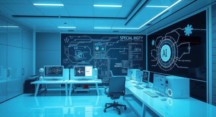 A modern workspace featuring advanced technology, digital tools, and symbols of artificial intelligence.