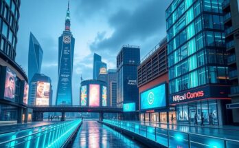 UK's vibrant cityscape representing the rise of cryptocurrency adoption with bright urban colors and digital motifs.