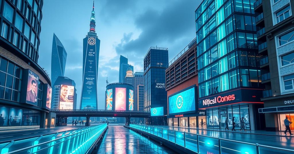 UK's vibrant cityscape representing the rise of cryptocurrency adoption with bright urban colors and digital motifs.