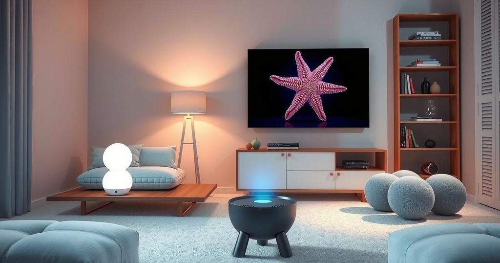 A tech-savvy living space featuring smart gadgets like an air purifier, a projector, and modern speakers in a sleek design.