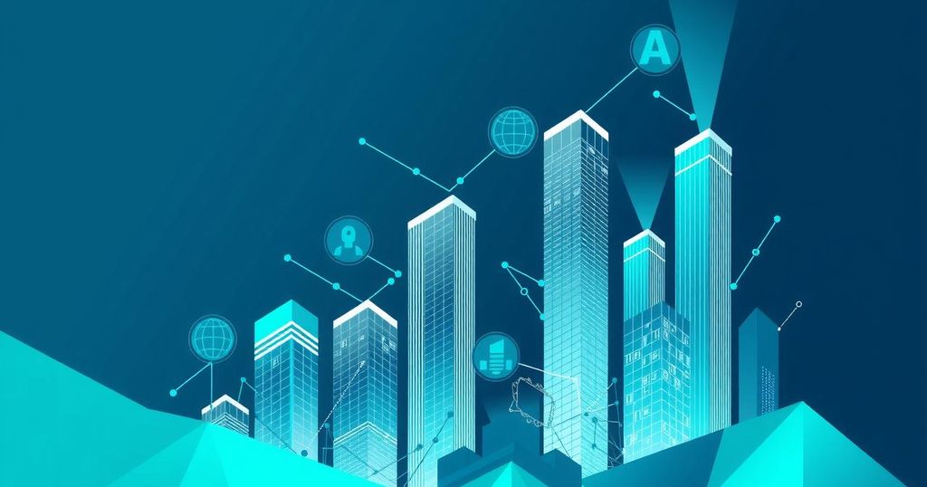 A vibrant digital landscape showcasing AI startup growth with abstract skyscrapers and tech motifs in blue and green hues.