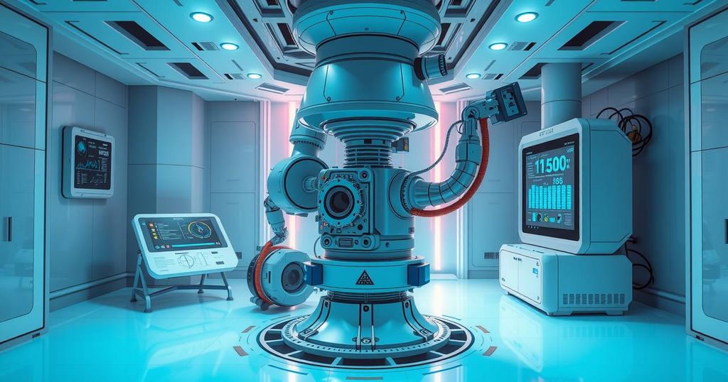 A futuristic AI-driven inspection system analyzing nuclear components under a high-tech environment.