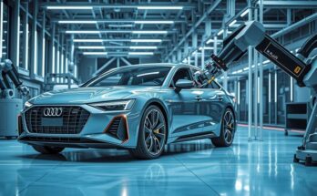 A sleek Audi vehicle in a high-tech manufacturing environment with robotic arms and AI tools, showcasing innovation.