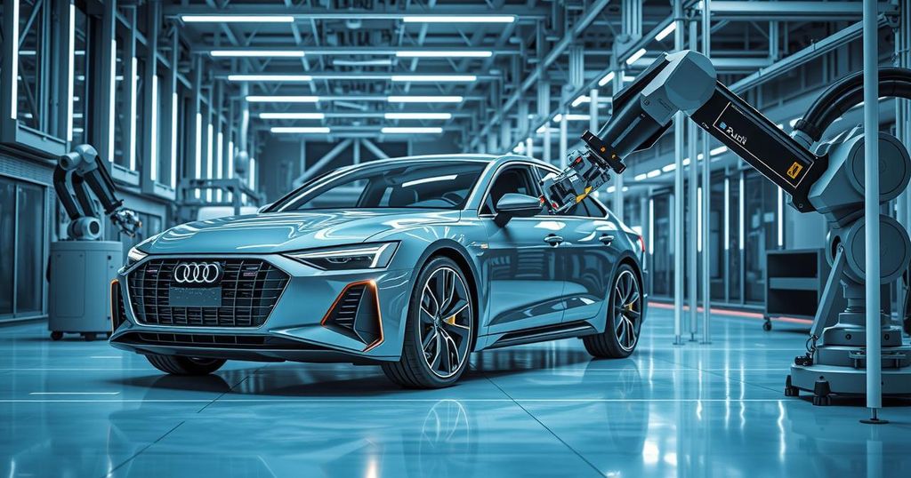 A sleek Audi vehicle in a high-tech manufacturing environment with robotic arms and AI tools, showcasing innovation.