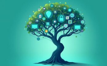 A corporate symbol of growth, featuring a stylized tree connecting digital elements, with a green and blue color palette.