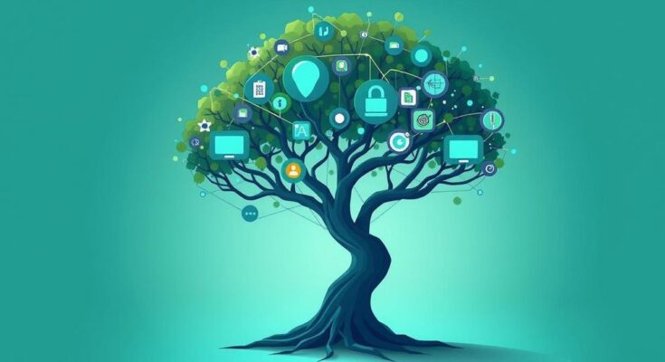 A corporate symbol of growth, featuring a stylized tree connecting digital elements, with a green and blue color palette.