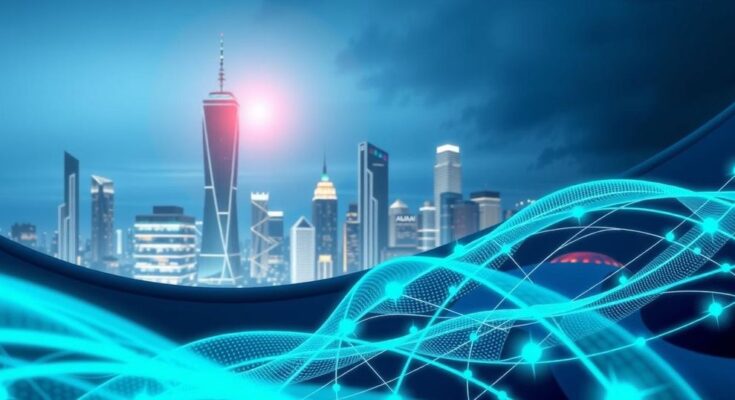 A conceptual illustration of AI technology enhancing global deal sourcing in finance with vibrant colors.