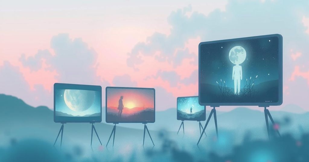 A digital landscape depicting loneliness surrounded by screens and blurred memories, in soft pastel colors.