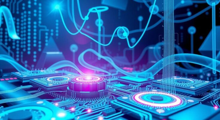 A symbolic representation of AI competition, featuring futuristic technology motifs in blue and silver tones.