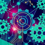 An abstract representation of collaboration in artificial intelligence education and research, featuring interconnected gears and circuits.