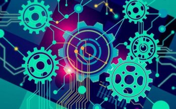 An abstract representation of collaboration in artificial intelligence education and research, featuring interconnected gears and circuits.