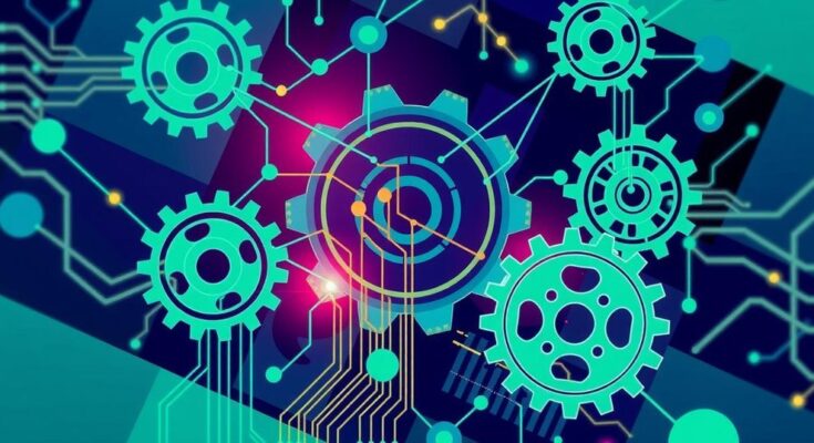 An abstract representation of collaboration in artificial intelligence education and research, featuring interconnected gears and circuits.