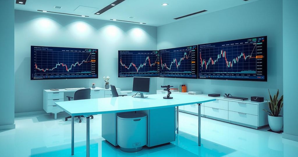 A person analyzing stock trends, surrounded by digital graphs and AI-themed imagery, in a modern workspace.